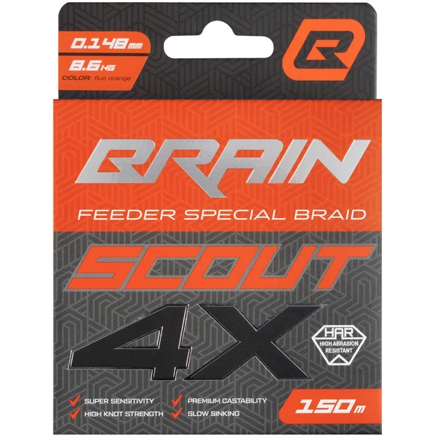 Шнур Brain Scout 4X 150m (fluoro Orange) 0.148mm 8.6kg - Фото 2 Шнур Brain Scout 4X 150m (fluoro Orange) 0.148mm 8.6kg - изображение 2