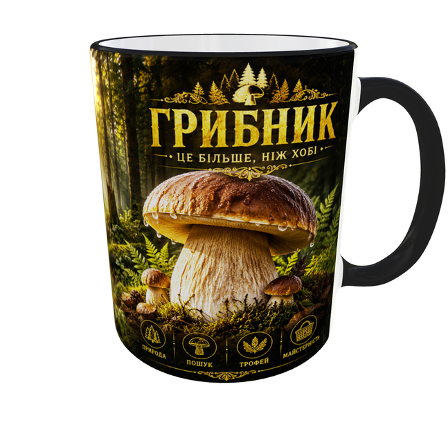 Кружка (чашка) с принтом «Грибник – Это больше, чем хобби» | подарок грибнику, любителю тихой охоты | Керамическая 330 мл(черная ручка) - Фото 6 Кружка (чашка) с принтом «Грибник – Это больше, чем хобби» | подарок грибнику, любителю тихой охоты | Керамическая 330 мл(черная ручка) - изображение 6