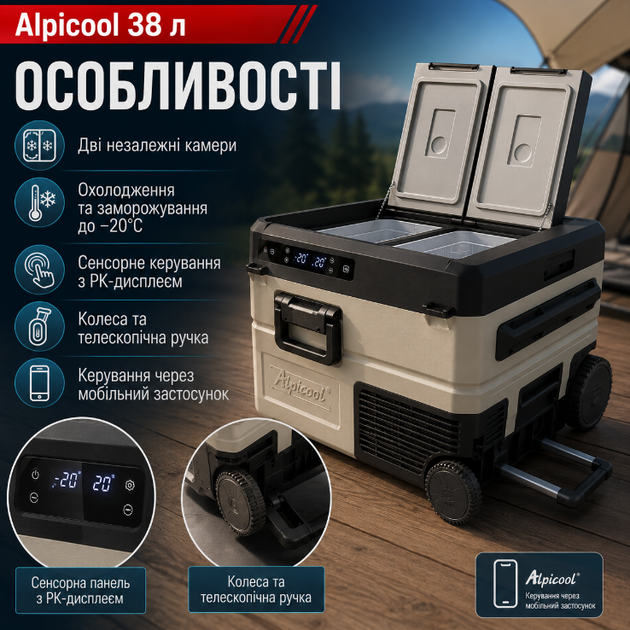 Автохолодильник компрессорный Alpicool 38 л 12V 24V 220V двухкамерный до минус 20 градусов с сенсорным управлением колесами и телескопической ручкой бежевый - изображение 2