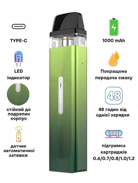 Многоразовая под система XROS Mini KIt Vitality электронная сигарета на 1000 мАч со сменным картриджем на 0.8 Ом минипод зеленый - Фото 4 Многоразовая под система XROS Mini KIt Vitality электронная сигарета на 1000 мАч со сменным картриджем на 0.8 Ом минипод зеленый - изображение 4