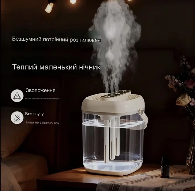 Зволожувач повітря 2 л з потрійним розпиленням, LED-дисплеєм, нічником та 3 режимами роботи, Білий - изображение 2