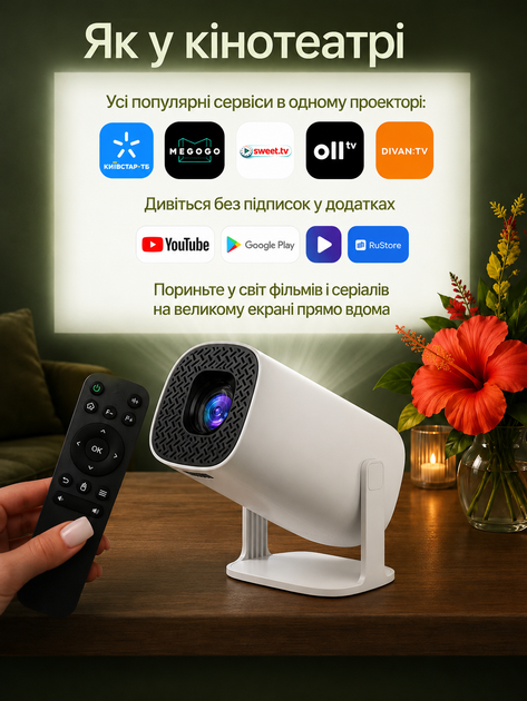 Смарт-проектор Hechpro портативный, Android 11, Wi-Fi 6, Bluetooth 5.0, LED, поддержка 4K, белый - изображение 3