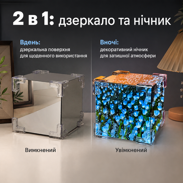 Зеркальный куб-ночник 2в1 Голубые тюльпаны, DIY-набор для творчества и декора - изображение 4