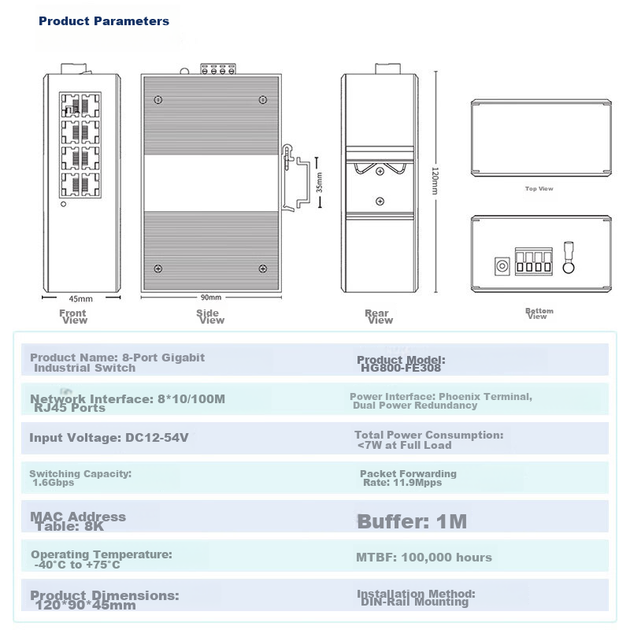 Промышленный коммутатор Huigu HG800-FE308 8-портовый 100 Мбит/с на DIN-рейку, для видеонаблюдения - изображение 4