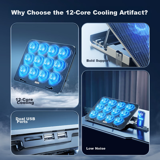 Подставка ICE COOREL A9F для ноутбука охлаждающая с 12 вентиляторами и держателем телефона - изображение 5