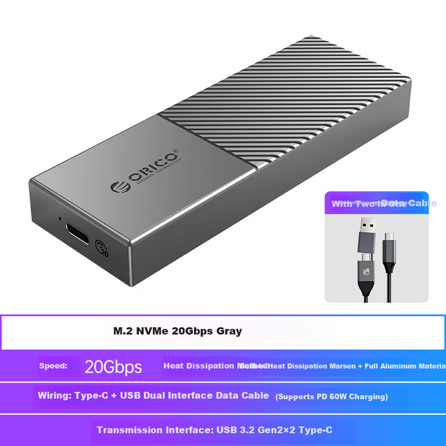 Корпус для SSD-накопичувача ORICO M.2 NVMe, 20 Гбіт/с, повністю алюмінієвий корпус із вбудованим розподільником тепла, сумісний із зовнішнім корпусом для SSD-накопичувачів ноутбуків для розширення, M207C3 - изображение 9