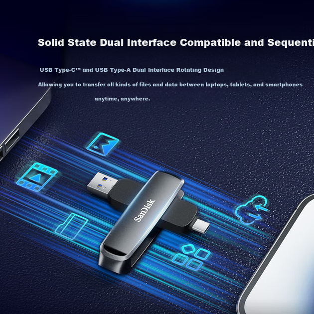 Флешка твердотільна SanDisk DDE1 SDDDE1-512G 512 ГБ, USB 3.2 і Type-C, до 1000 МБ/с, металева - Фото 4 Флешка твердотільна SanDisk DDE1 SDDDE1-512G 512 ГБ, USB 3.2 і Type-C, до 1000 МБ/с, металева - зображення 4
