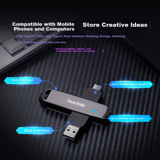 Флешка твердотільна SanDisk DDE1 SDDDE1-512G 512 ГБ, USB 3.2 і Type-C, до 1000 МБ/с, металева - Фото 6 Флешка твердотільна SanDisk DDE1 SDDDE1-512G 512 ГБ, USB 3.2 і Type-C, до 1000 МБ/с, металева - зображення 6