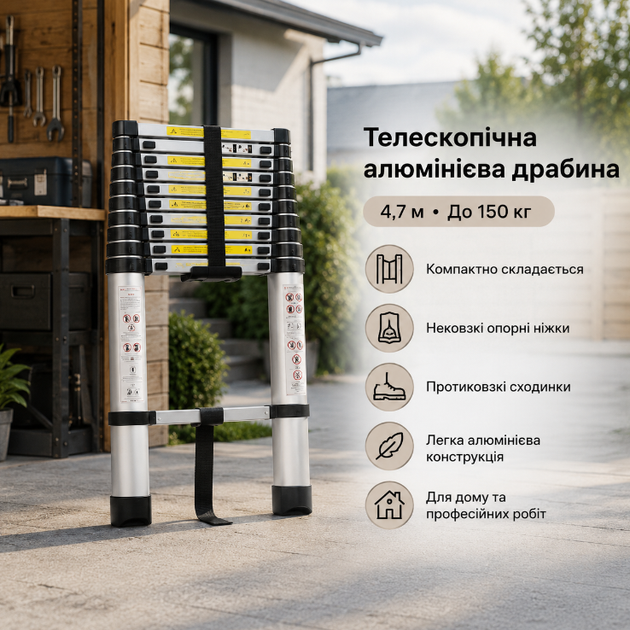 Телескопическая лестница 4.7 м алюминиевая складная до 150 кг с противоскользящими ступенями и опорами - Фото 2 Телескопическая лестница 4.7 м алюминиевая складная до 150 кг с противоскользящими ступенями и опорами - изображение 2