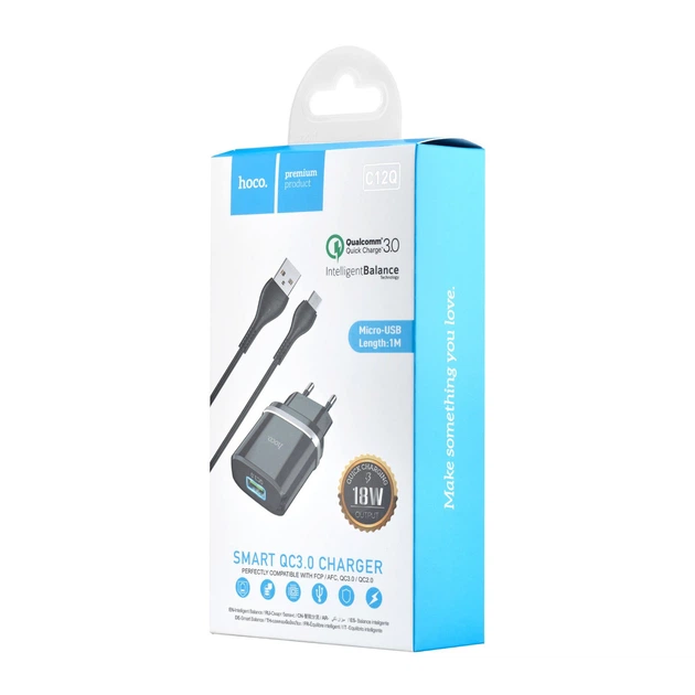 Зарядное устройство HOCO C12Q с быстрой зарядкой QC3.0 18W с кабелем Micro USB Black - изображение 4