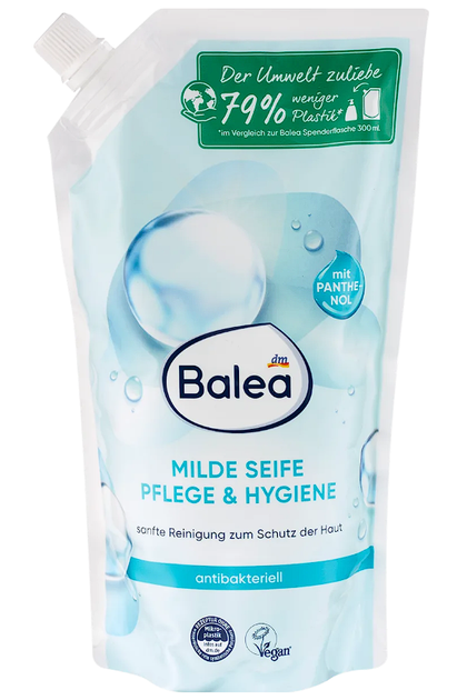 Ніжне рідке антибактеріальне крем мило Balea Pflege & Hygiene, запаска 500 мл - Фото 1 Ніжне рідке антибактеріальне крем мило Balea Pflege & Hygiene, запаска 500 мл - изображение 1