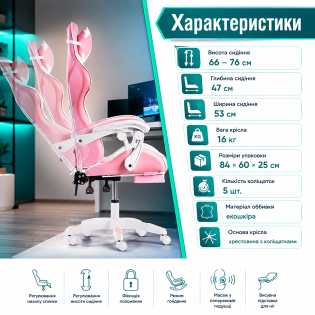Геймерское розовое кресло для девушки G1136 компьютенный стул с регулировкой спинки выдвижной подставкой для ног массажной подушкой - изображение 3