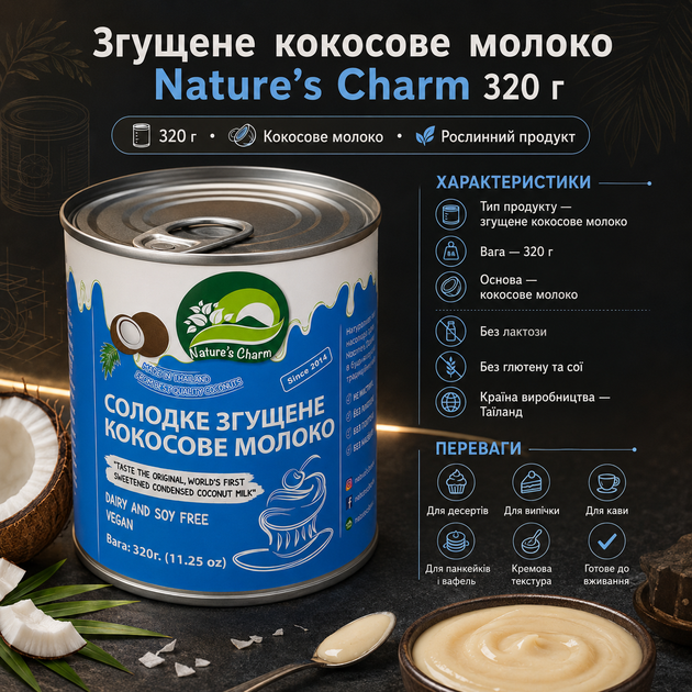 Кокосове згущене молоко Nature's Charm 320 г без лактози без глютену натуральний продукт - зображення 3