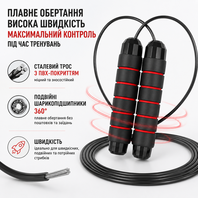 Скоростная скакалка PowerPlay PP-4210 на подшипниках 360° со стальным тросом 2,7 м регулируемая для CrossFit, бокса и фитнеса. - изображение 6