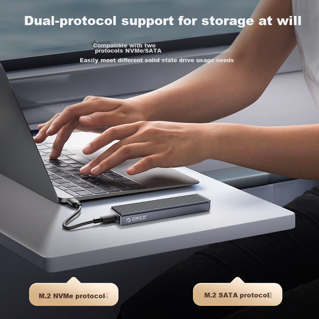 Корпус для двухпротокольного SSD-накопителя ORICO M.2 NVMe/SATA, 10 Гбит/с, Type-C, полностью алюминиевая система охлаждения, совместим с ноутбуками, M2PJM. - изображение 4