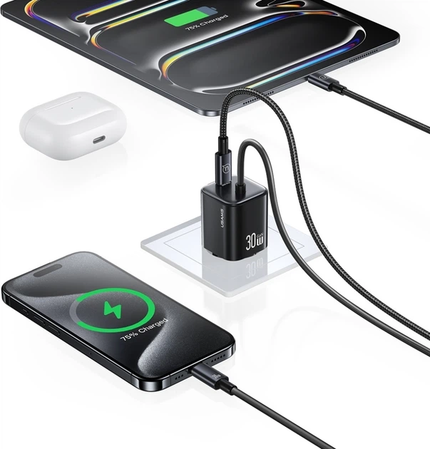 Ładowarka sieciowa Usams JC Series CC264 30W GaN Mini Fast Charger USB-C + wbudowany kabel USB-C 1.2 m Black (CC264TC01) - obraz 9