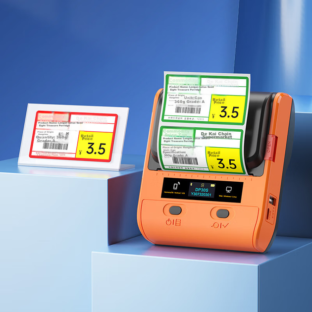 Принтер етикеток для супермаркетів Detong DP30S, термопринтер цінників для продуктів харчування, самоклеючий етикетувальник із підключенням Bluetooth, помаранчевий пристрій + 7 рулонів для супермаркетів - зображення 9