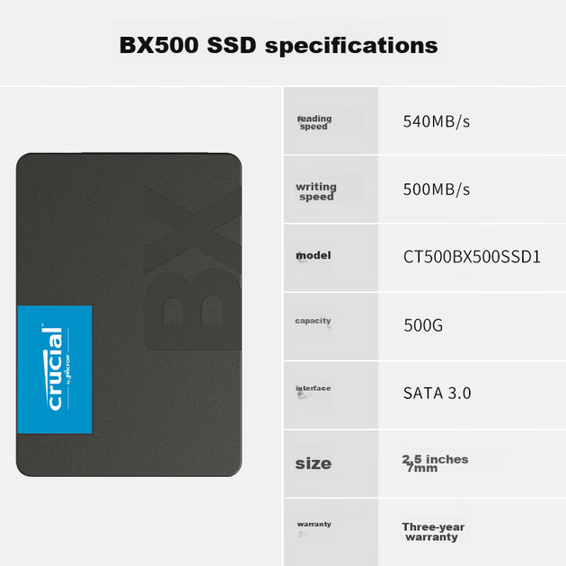 SSD диск Crucial BX500 500GB 2.5" SATAIII (CT500BX500SSD1) - Фото 3 SSD диск Crucial BX500 500GB 2.5" SATAIII (CT500BX500SSD1) - изображение 3