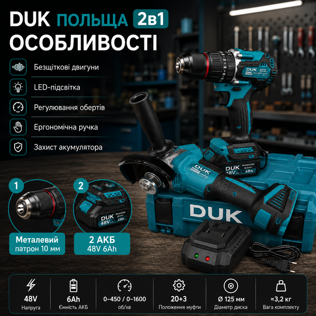 Аккумуляторный набор инструментов DUK 2 в 1 48V 6Ah бесщеточный дрель шуруповерт и угловая шлифмашина с 2 аккумуляторами в кейсе - изображение 5