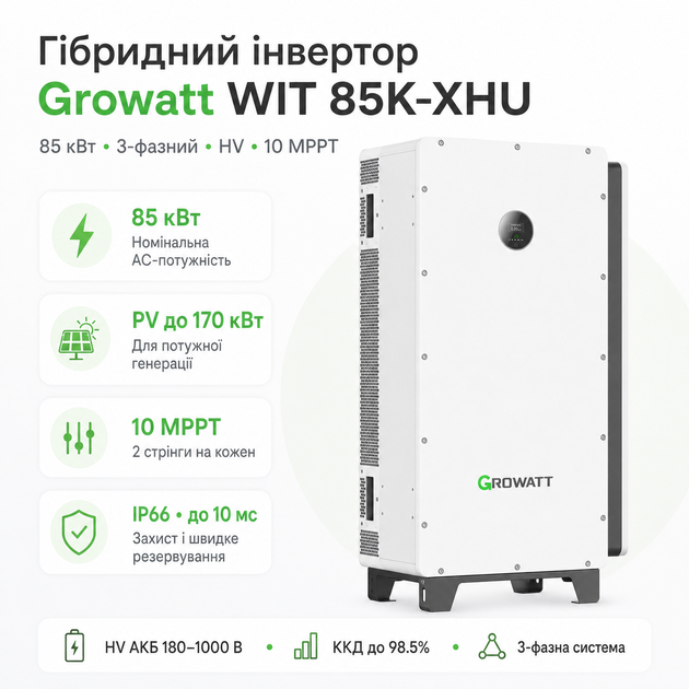 Гібридний інвертор Growatt WIT 85K-XHU 85 кВт HV 10 MPPT 3-фазний IP66 White - Фото 1 Гібридний інвертор Growatt WIT 85K-XHU 85 кВт HV 10 MPPT 3-фазний IP66 White - зображення 1
