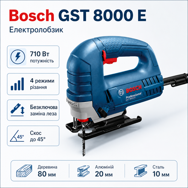 Електричний лобзик Bosch GST 8000 E Professional 710 Вт Синій - Фото 1 Електричний лобзик Bosch GST 8000 E Professional 710 Вт Синій - зображення 1
