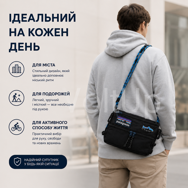 Сумка через плече Patagonia Messenger чорна водовідштовхувальна з 4 відділеннями для міста та повсякденного використання - зображення 4