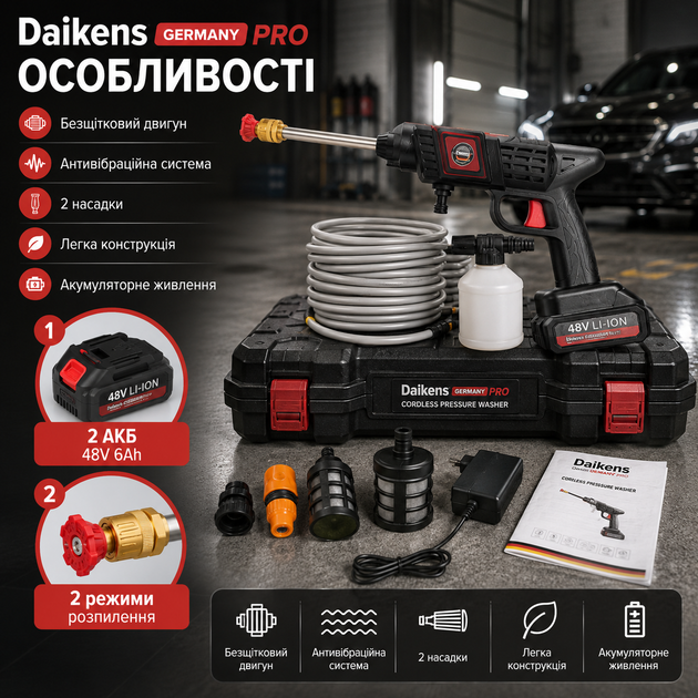 Акумуляторна мийка високого тиску Daikens Germany PRO 48V 6Ah безщіткова з двома акумуляторами шлангом 5 м та кейсом - Фото 3 Акумуляторна мийка високого тиску Daikens Germany PRO 48V 6Ah безщіткова з двома акумуляторами шлангом 5 м та кейсом - зображення 3