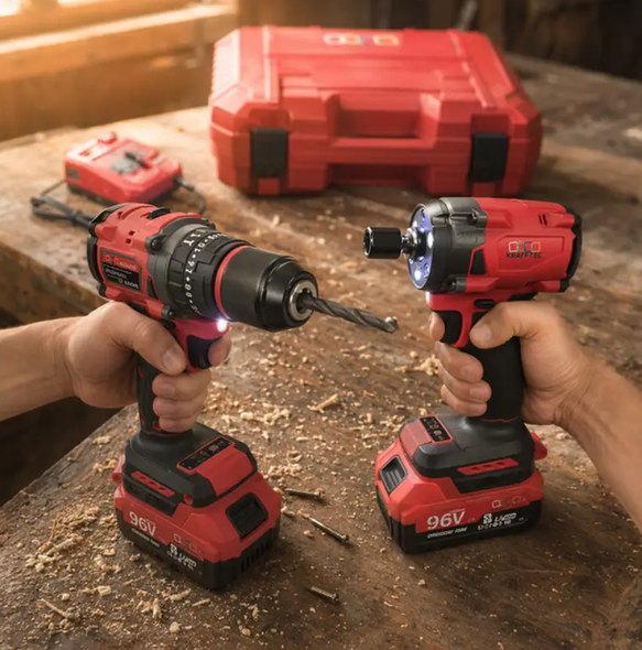 Набор аккумуляторного инструмента Krafftec Germany PRO 2в1 96V 8Ah ударная дрель шуруповерт и гайковерт с двумя аккумуляторами в пластиковом кейсе - изображение 13