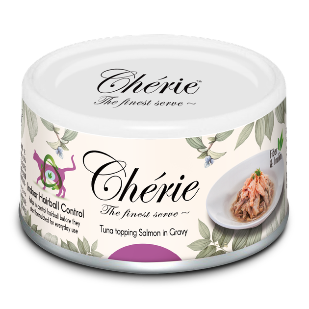 Вологий корм Cherie Hairball Control Tuna & Salmon для котів зі шматочками тунця та лосося в соусі для запобігання утворення шерстяних грудочок, 80 г - Фото 1 Вологий корм Cherie Hairball Control Tuna & Salmon для котів зі шматочками тунця та лосося в соусі для запобігання утворення шерстяних грудочок, 80 г - изображение 1