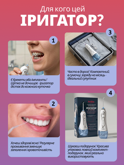 Ирригатор портативный для зубов чистки ротовой полости рта брекетов Brillix WF-N8 White аккумуляторный иригатор с насадками портативные ирригаторы - изображение 6