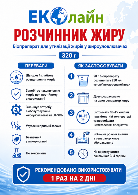 Біопрепарат для утилізації жирів в жироуловлювачах “Розчинник жиру” 320г Еколайн - Фото 2 Біопрепарат для утилізації жирів в жироуловлювачах “Розчинник жиру” 320г Еколайн - зображення 2