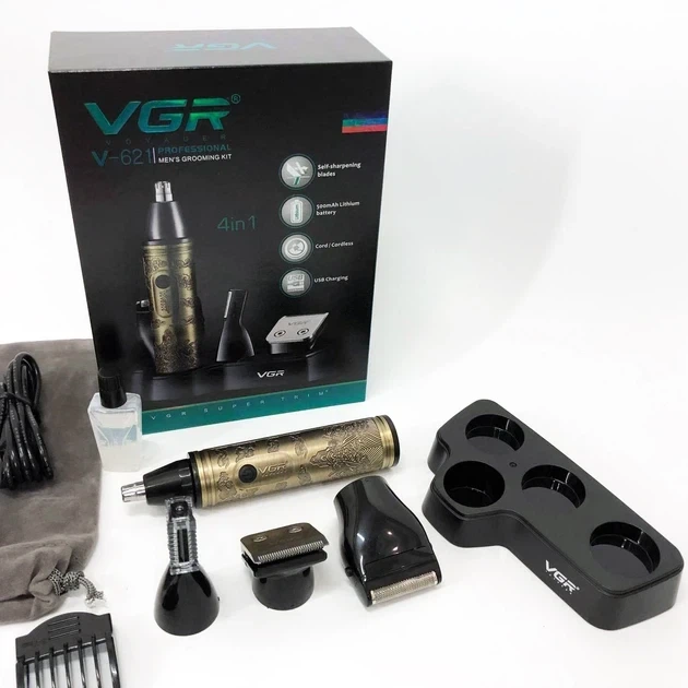 Многофункциональный триммер VGR V-621 4 в 1 машинка для удаления волос универсальная с 4 насадками и лезвиями из нержавеющей стали - изображение 10