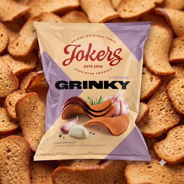 Грінки житньо-пшеничні Часник Jokers м/у 80г - Фото 1 Грінки житньо-пшеничні Часник Jokers м/у 80г - изображение 1