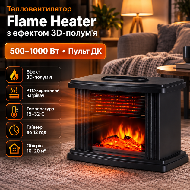 Тепловентилятор Flame Heater портативний керамічний 1000 Вт з ефектом 3D полумя дистанційним керуванням таймером та термостатом чорний - зображення 2