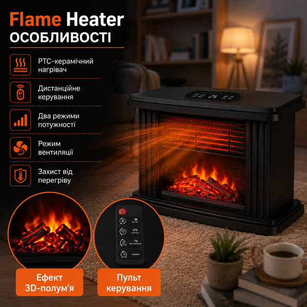 Тепловентилятор Flame Heater портативний керамічний 1000 Вт з ефектом 3D полумя дистанційним керуванням таймером та термостатом чорний - зображення 3