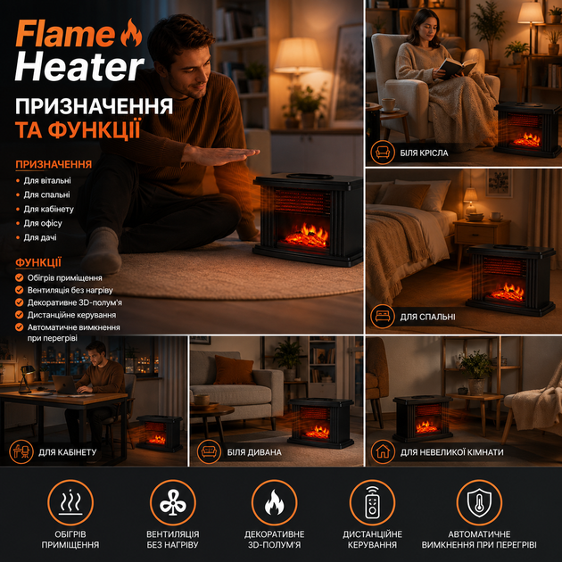 Тепловентилятор Flame Heater портативний керамічний 1000 Вт з ефектом 3D полумя дистанційним керуванням таймером та термостатом чорний - зображення 4