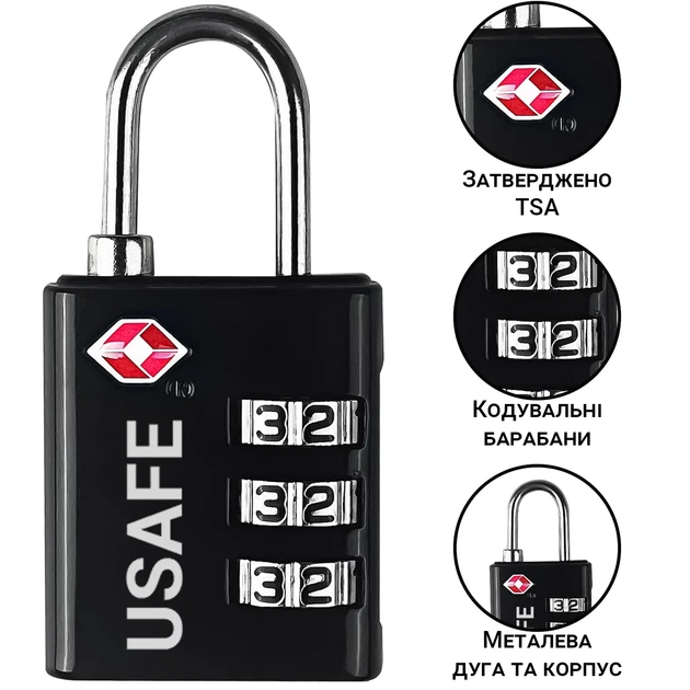 Замок підвісний USafe CP-03-TSA кодовий металевий чорний з TSA доступом - Фото 3 Замок підвісний USafe CP-03-TSA кодовий металевий чорний з TSA доступом - зображення 3