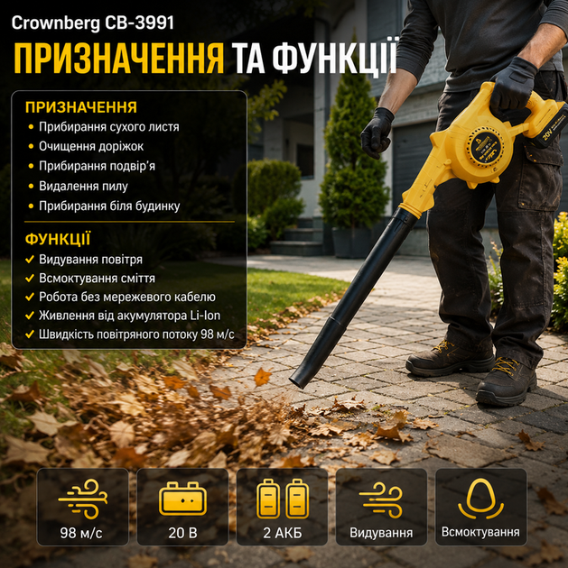 Садовый пылесос воздуходувка Crownberg CB 3991 аккумуляторный 20V с двумя аккумуляторами Li Ion функциями выдувания и всасывания желтый - Фото 2 Садовый пылесос воздуходувка Crownberg CB 3991 аккумуляторный 20V с двумя аккумуляторами Li Ion функциями выдувания и всасывания желтый - изображение 2