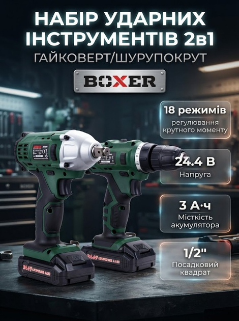 Набор ударного гайковерта и шуруповерта BOXER SR-035 24,4 В комплект с аксессуарами без привязки к электросети - Фото 1 Набор ударного гайковерта и шуруповерта BOXER SR-035 24,4 В комплект с аксессуарами без привязки к электросети - изображение 1