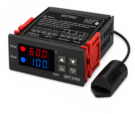 Контролер температури та вологості SHT2000 220V цифровий, -20°C…+60°C, 10A, з виносним датчиком - Фото 3 Контролер температури та вологості SHT2000 220V цифровий, -20°C…+60°C, 10A, з виносним датчиком - зображення 3