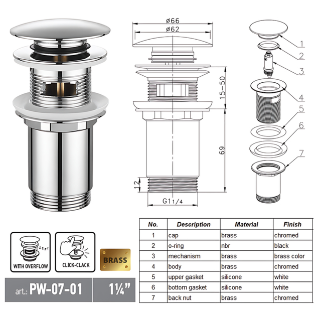 Донный клапан Koer PW-07-01 1 1/4'' Сlick-Сlack для умывальника, хром (KR5782) - изображение 7