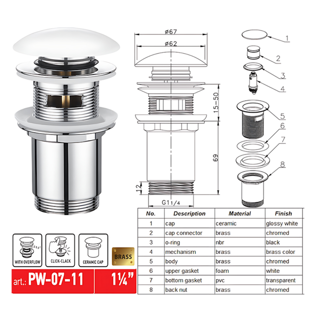 Донный клапан Koer PW-07-11 1 1/4'' Сlick-Сlack для умывальника, белый/хром (KR5784) - изображение 8