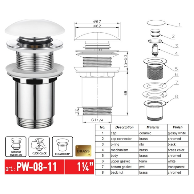 Донный клапан Koer PW-08-11 1 1/4'' Сlick-Сlack для умывальника, белый/хром (KR5788) - изображение 7