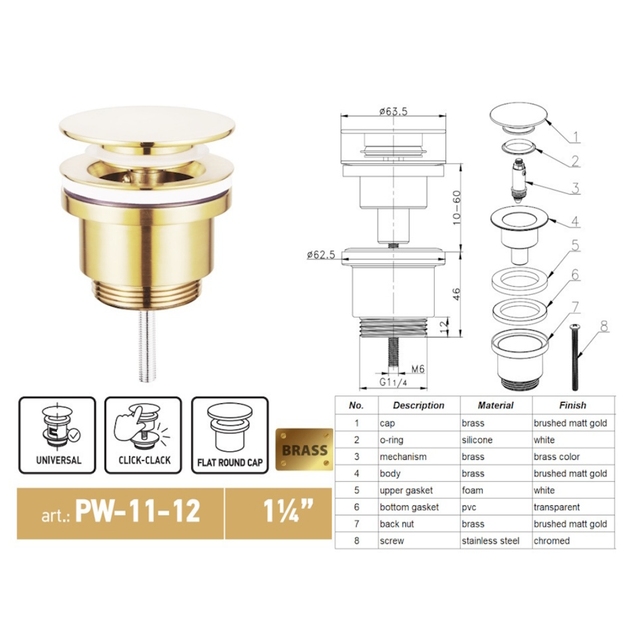 Донный клапан Koer PW-11-12 1 1/4'' Сlick-Сlack для умывальника, золотый матовый (KR5794) - изображение 7