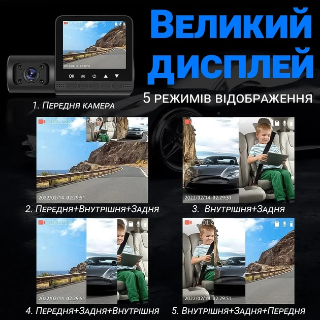 Автомобильный видеорегистратор Podofo W8109 с тремя камерами FullHD 1080P черный - изображение 7