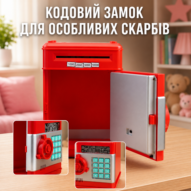 Игрушечный сейф-копилка музыкальный с электронным купюроприёмником красный - изображение 4