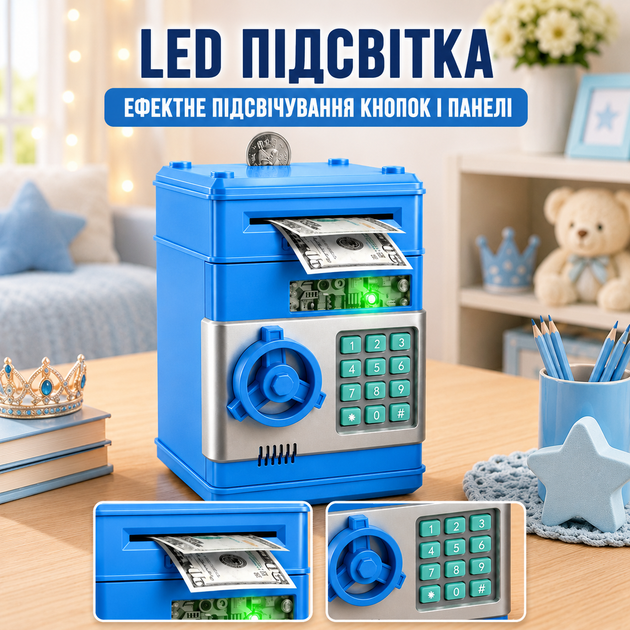 Игрушечный сейф-копилка музыкальный с электронным купюроприёмником голубой - изображение 6