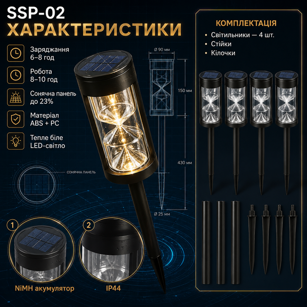 Садовий світильник SSP02 на сонячній батареї комплект 4 шт LED ліхтарі для саду доріжок клумб газону та тераси - зображення 3
