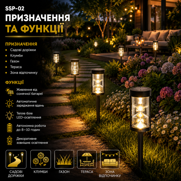 Садовий світильник SSP02 на сонячній батареї комплект 4 шт LED ліхтарі для саду доріжок клумб газону та тераси - зображення 4