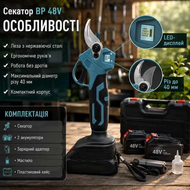 Садовий акумуляторний секатор BP 48V електричний професійний з двома акумуляторами 5 Аг дисплеєм кейсом для обрізки гілок - Фото 4 Садовий акумуляторний секатор BP 48V електричний професійний з двома акумуляторами 5 Аг дисплеєм кейсом для обрізки гілок - зображення 4
